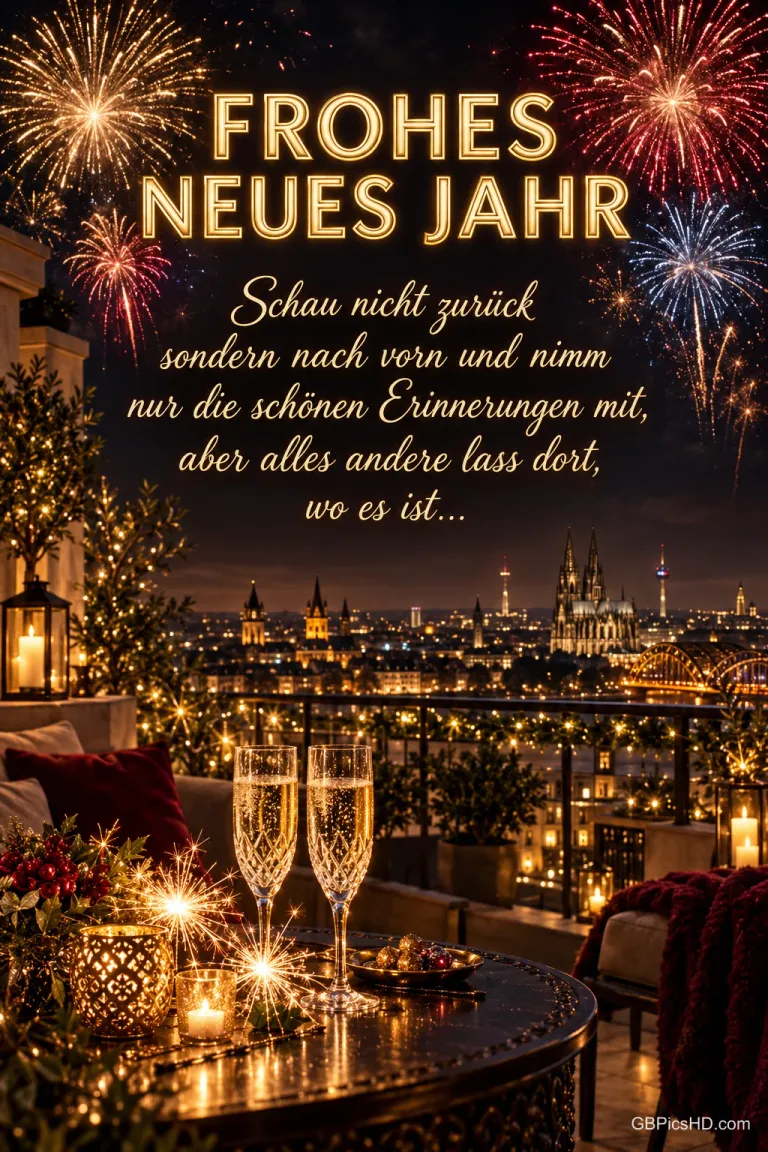 Feuerwerk über einer Stadt, zwei Sektgläser und Kerzen begleiten "FROHES NEUES JAHR" und einen Spruch über Erinnerungen.