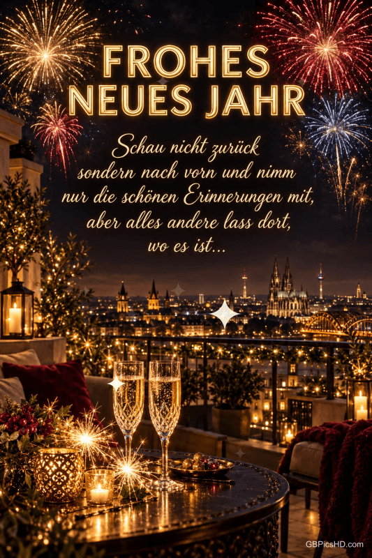 Feuerwerk über einer Stadt, zwei Sektgläser und Kerzen begleiten "FROHES NEUES JAHR" und einen Spruch über Erinnerungen.