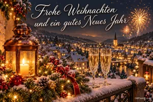 Eine Laterne und zwei Sektgläser stehen über einem verschneiten Ort mit Feuerwerk: "Frohe Weihnachten und ein gutes Neues Jahr".