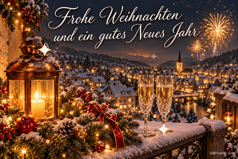 Eine Laterne und zwei Sektgläser stehen über einem verschneiten Ort mit Feuerwerk: "Frohe Weihnachten und ein gutes Neues Jahr". Eine Laterne und zwei Sektgläser stehen über einem verschneiten Ort mit Feuerwerk: "Frohe Weihnachten und ein gutes Neues Jahr".
