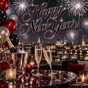 Zwei Sektgläser, drei Ballons und Luftschlangen in einem Tannenzweigrahmen mit "Happy New Year!".