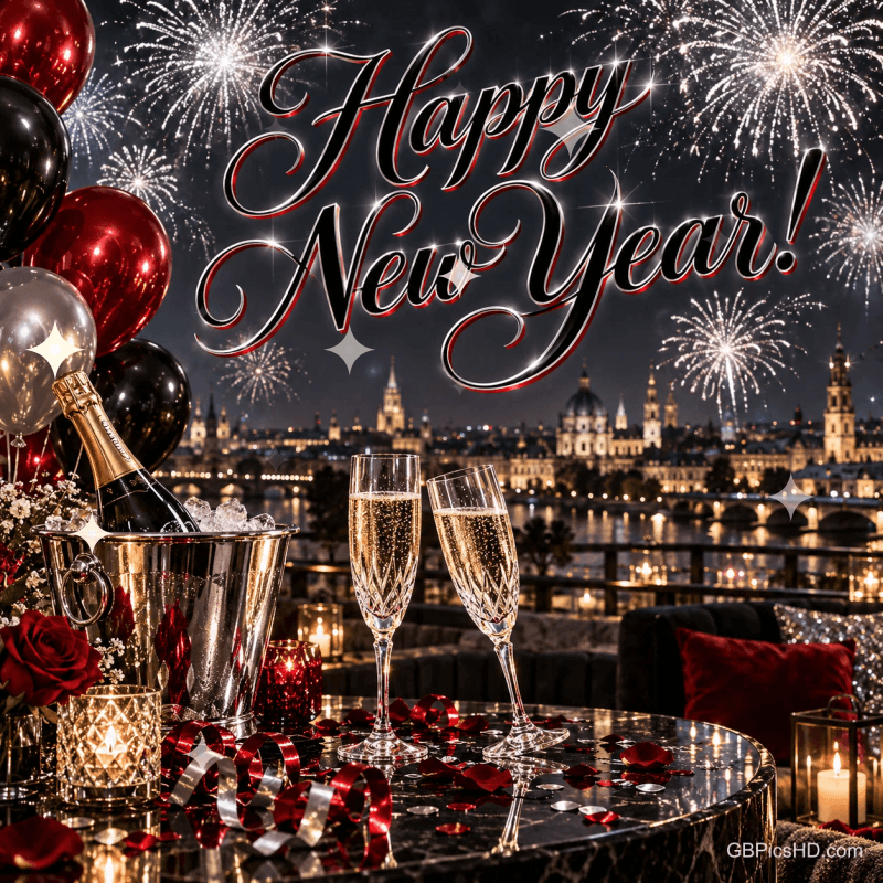 Zwei Sektgläser, drei Ballons und Luftschlangen in einem Tannenzweigrahmen mit "Happy New Year!".