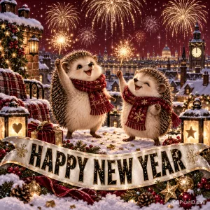 Zwei Igel mit roten Schals halten Wunderkerzen vor einer verschneiten Stadt und Feuerwerk; unten steht "HAPPY NEW YEAR".