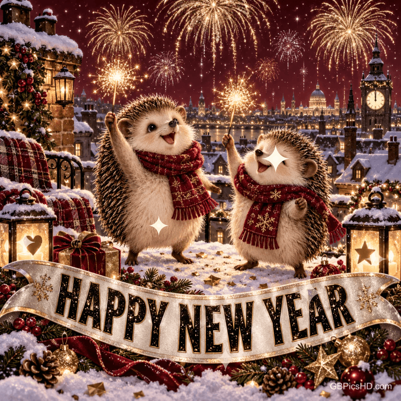 Zwei Igel mit roten Schals halten Wunderkerzen vor einer verschneiten Stadt und Feuerwerk; unten steht "HAPPY NEW YEAR".