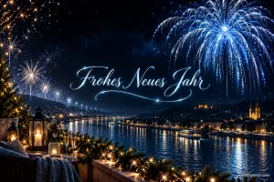 Blaue Feuerwerksblüten leuchten vor schwarzem Himmel – ein funkelnder Gruß zu "Frohes neues Jahr!".