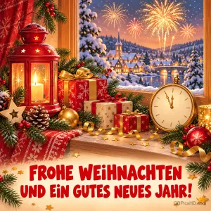 Laterne, Geschenke und Uhr stehen am Fenster vor einem verschneiten Dorf mit Feuerwerk: "FROHE WEIHNACHTEN UND EIN GUTES NEUES JAHR!".