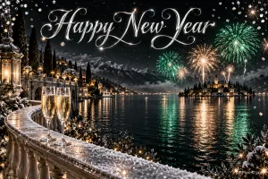 Zwei Sektgläser stehen auf einer verschneiten Terrasse am See vor Bergen und buntem Feuerwerk unter "Happy New Year".