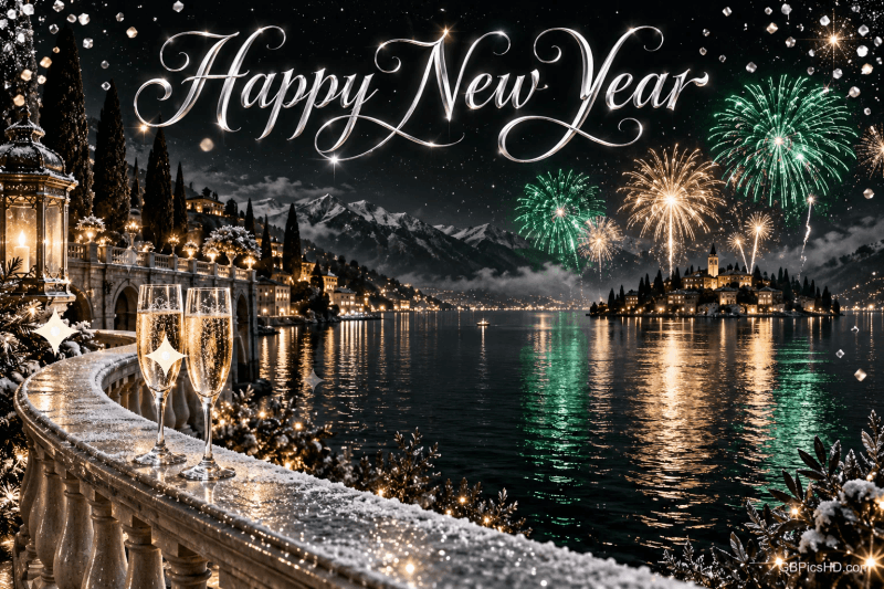 Zwei Sektgläser stehen auf einer verschneiten Terrasse am See vor Bergen und buntem Feuerwerk unter "Happy New Year".