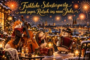 Fuchs, Igel und Eule musizieren im Schnee vor Feuerwerk unter "Fröhliche Silvesterparty und super Rutsch ins neue Jahr".