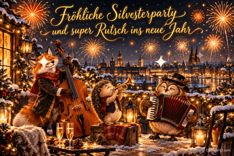 Fuchs, Igel und Eule musizieren im Schnee vor Feuerwerk unter "Fröhliche Silvesterparty und super Rutsch ins neue Jahr". Fuchs, Igel und Eule musizieren im Schnee vor Feuerwerk unter "Fröhliche Silvesterparty und super Rutsch ins neue Jahr".