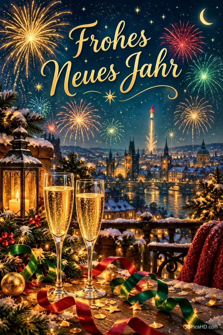 Sektgläser, Laterne und bunte Bänder stehen auf einer verschneiten Terrasse vor einer Stadt mit Feuerwerk: "Frohes Neues Jahr".