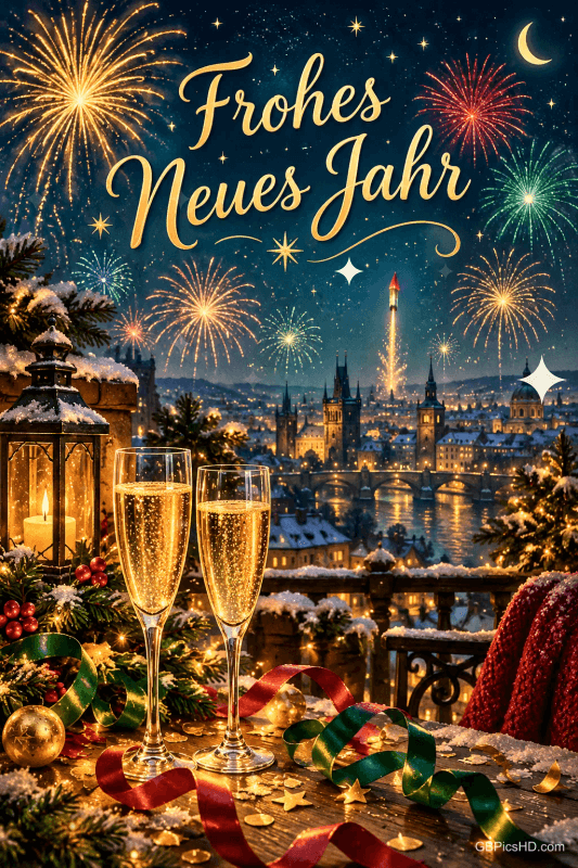 Sektgläser, Laterne und bunte Bänder stehen auf einer verschneiten Terrasse vor einer Stadt mit Feuerwerk: "Frohes Neues Jahr". Sektgläser, Laterne und bunte Bänder stehen auf einer verschneiten Terrasse vor einer Stadt mit Feuerwerk: "Frohes Neues Jahr".