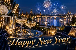 Sektflasche und zwei Sektgläser stehen vor einem Fluss mit Feuerwerk; darunter steht in Gold "Happy New Year".