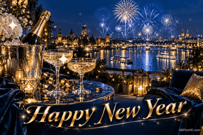 Sektflasche und zwei Sektgläser stehen vor einem Fluss mit Feuerwerk; darunter steht in Gold "Happy New Year". Sektflasche und zwei Sektgläser stehen vor einem Fluss mit Feuerwerk; darunter steht in Gold "Happy New Year".