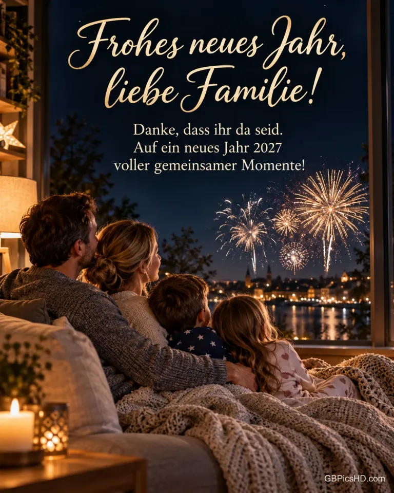 Eine Familie kuschelt unter Decken auf dem Sofa und schaut durch das große Fenster auf das Feuerwerk, dazu "Frohes neues Jahr, liebe Familie!".