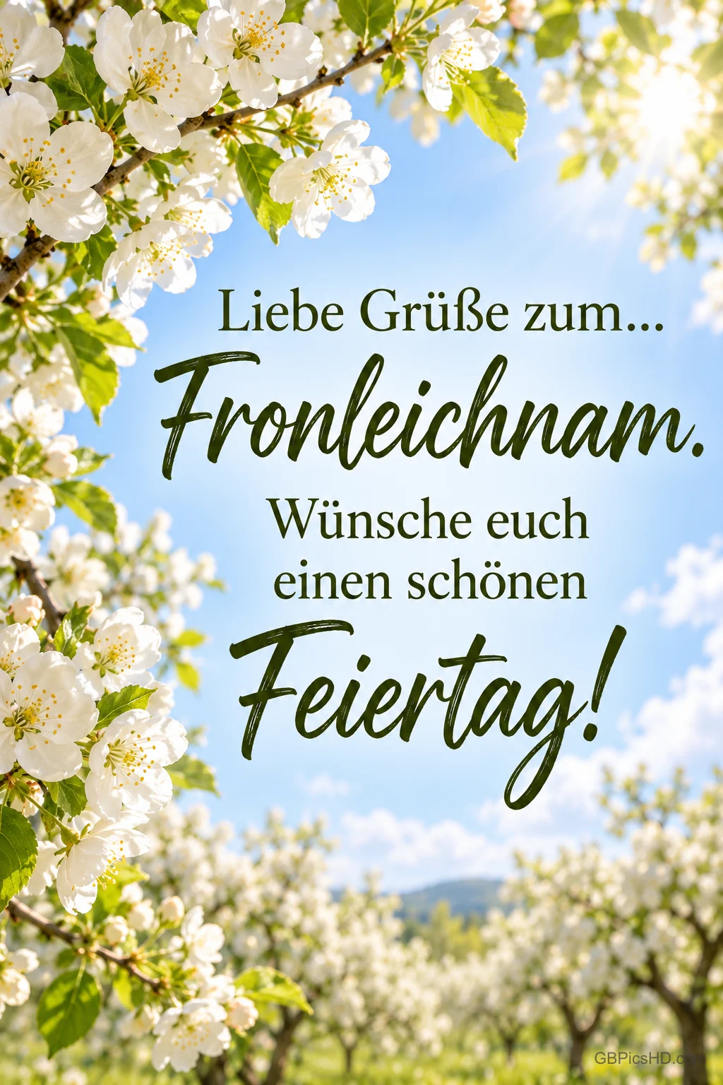 Weiße Obstblüten an Zweigen vor blauem Himmel und blühendem Obstgarten mit dem Gruß "Liebe Grüße zum Fronleichnam. Wünsche euch einen schönen Feiertag!" Weiße Obstblüten an Zweigen vor blauem Himmel und blühendem Obstgarten mit dem Gruß "Liebe Grüße zum Fronleichnam. Wünsche euch einen schönen Feiertag!"