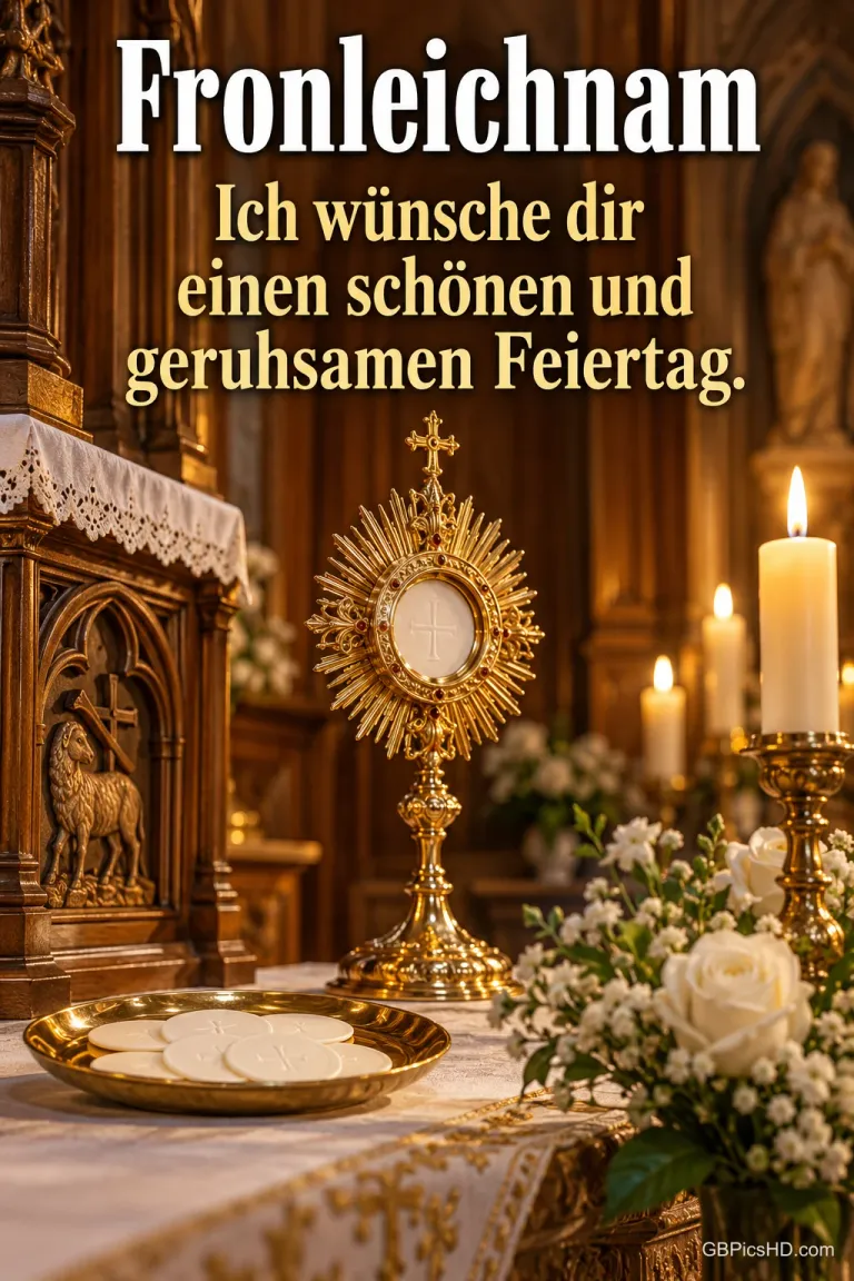 Goldene Monstranz mit Hostienschale auf einem Altar zwischen brennenden Kerzen und weißen Rosen, dazu "Fronleichnam – Ich wünsche dir einen schönen und geruhsamen Feiertag."