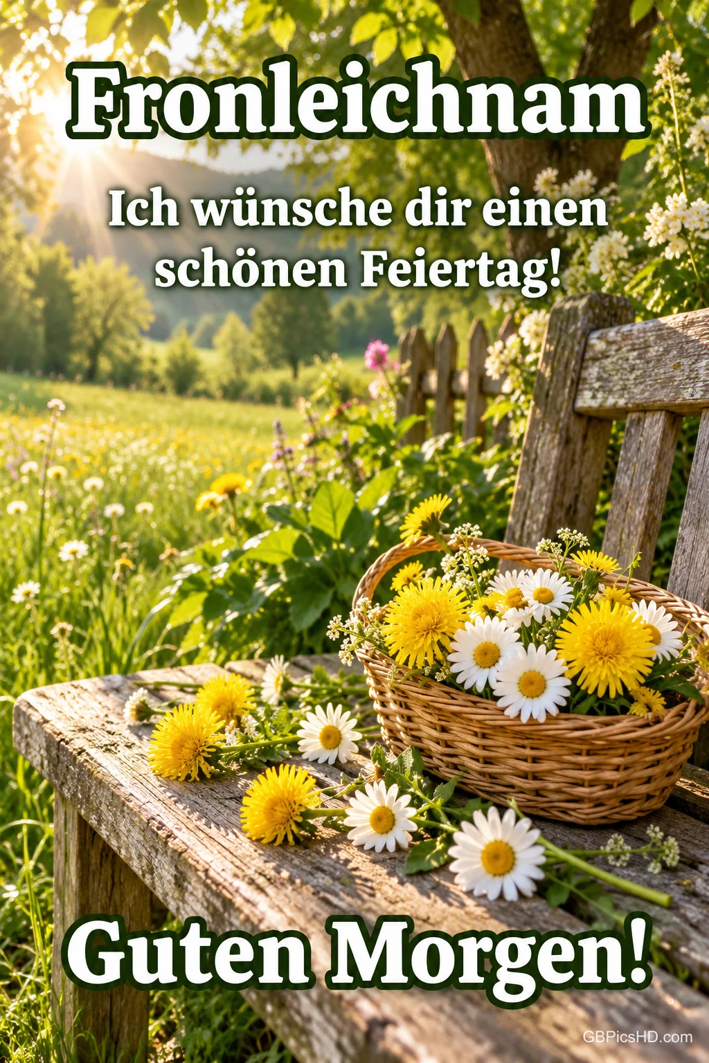 Weidenkorb mit Löwenzahn und Gänseblümchen auf einer alten Holzbank in sonniger Wiese mit dem Text "Fronleichnam – Ich wünsche dir einen schönen Feiertag! Guten Morgen!" Weidenkorb mit Löwenzahn und Gänseblümchen auf einer alten Holzbank in sonniger Wiese mit dem Text "Fronleichnam – Ich wünsche dir einen schönen Feiertag! Guten Morgen!"
