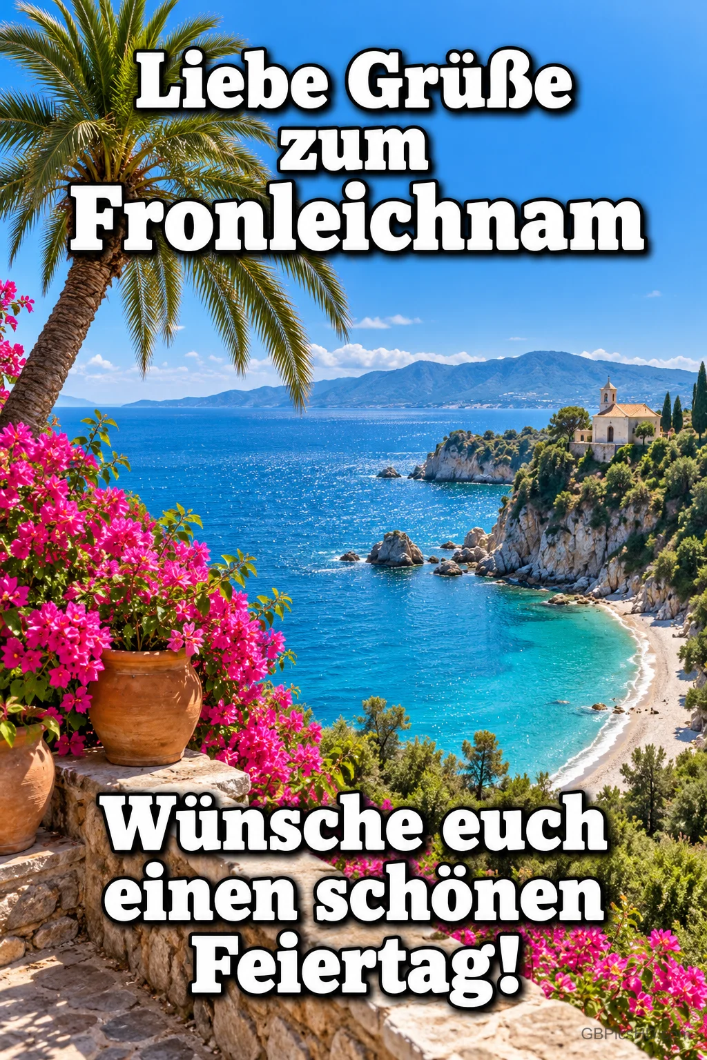 Mediterrane Steilküste mit türkisblauer Bucht, Palme und pinkfarbenen Bougainvilleen, darauf "Liebe Grüße zum Fronleichnam – Wünsche euch einen schönen Feiertag!" Mediterrane Steilküste mit türkisblauer Bucht, Palme und pinkfarbenen Bougainvilleen, darauf "Liebe Grüße zum Fronleichnam – Wünsche euch einen schönen Feiertag!"
