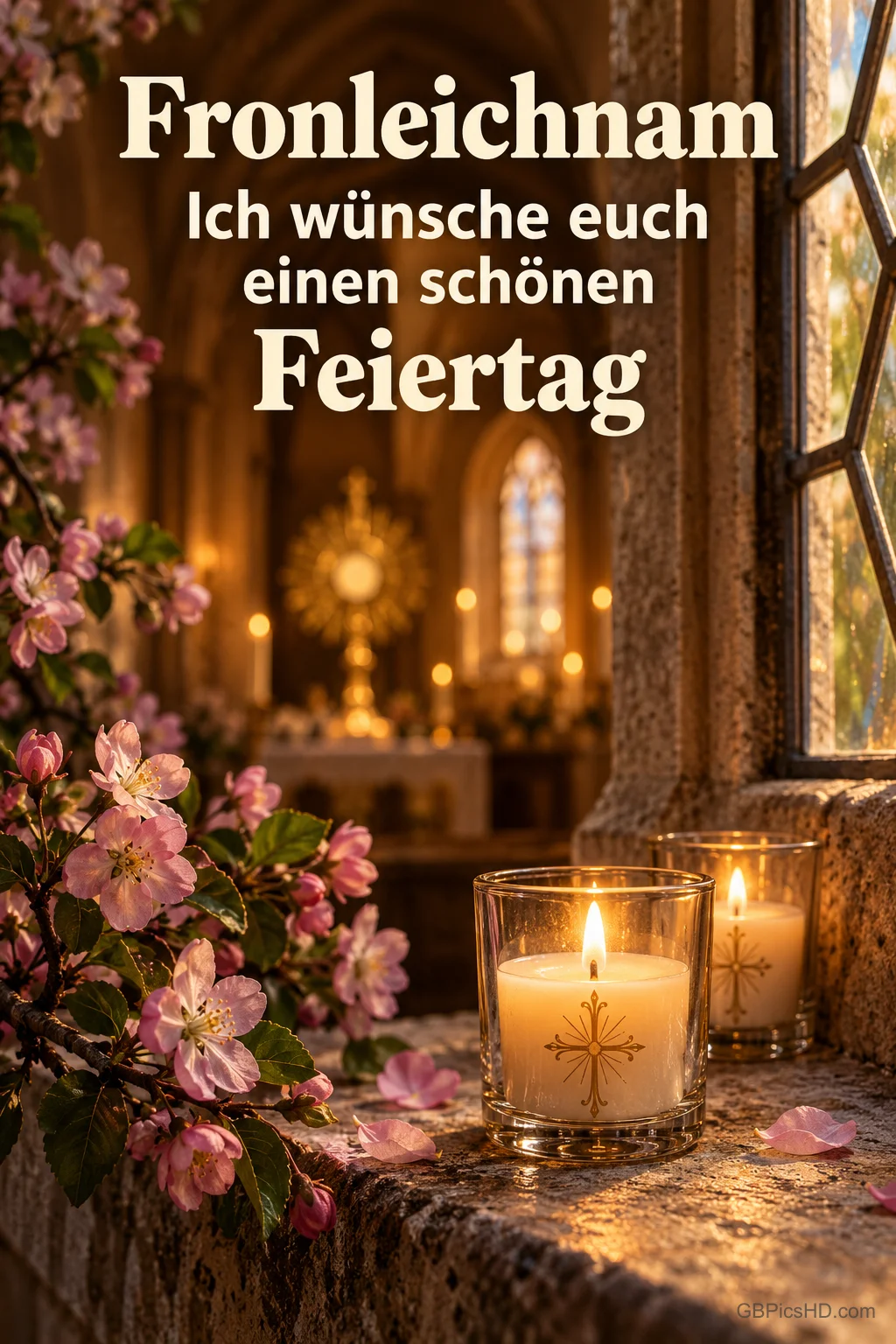 Brennende Kerzen im Glas auf einer Fensterbank mit rosa Kirschblüten vor einem Kirchenraum mit Monstranz, dazu "Fronleichnam – Ich wünsche euch einen schönen Feiertag" Brennende Kerzen im Glas auf einer Fensterbank mit rosa Kirschblüten vor einem Kirchenraum mit Monstranz, dazu "Fronleichnam – Ich wünsche euch einen schönen Feiertag"