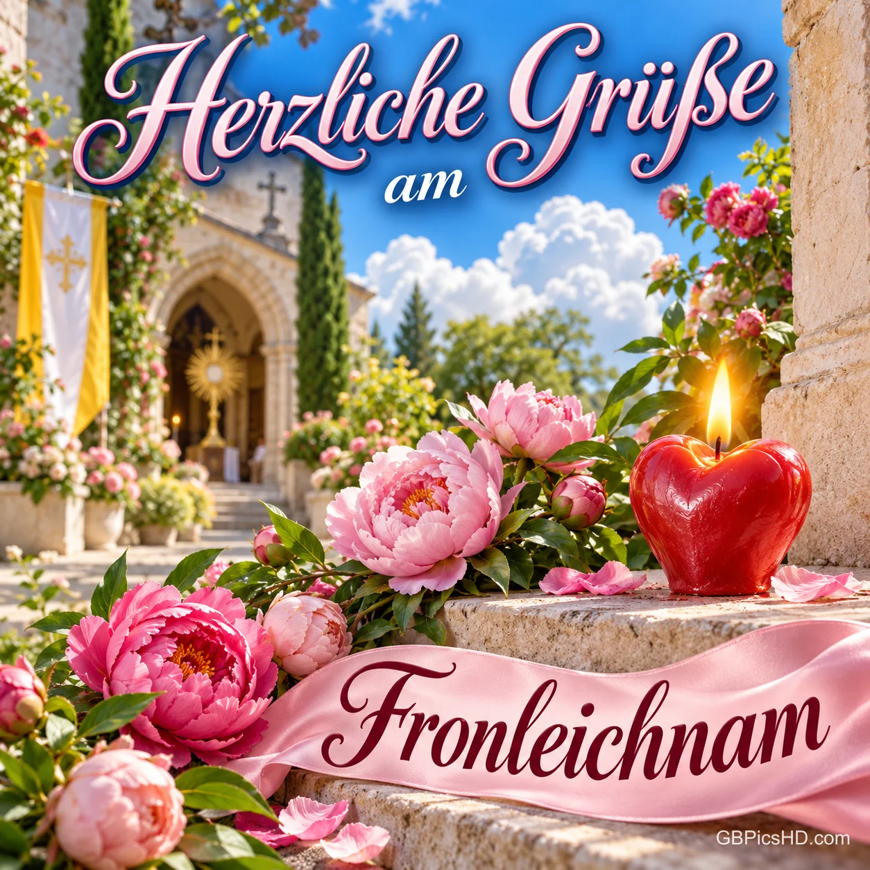 Rote Herzkerze und rosa Pfingstrosen auf Steinstufen vor einer Kirche mit Blumenschmuck und dem Schriftzug "Herzliche Grüße am Fronleichnam" Rote Herzkerze und rosa Pfingstrosen auf Steinstufen vor einer Kirche mit Blumenschmuck und dem Schriftzug "Herzliche Grüße am Fronleichnam"