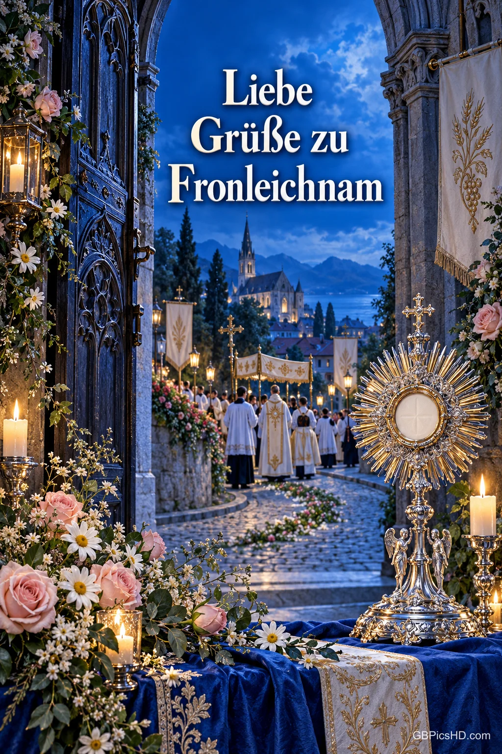 Blick durch ein Kirchenportal auf eine abendliche Fronleichnamsprozession mit Baldachin und Fahnen, vorne eine Monstranz mit Kerzen und Rosen, dazu "Liebe Grüße zu Fronleichnam" Blick durch ein Kirchenportal auf eine abendliche Fronleichnamsprozession mit Baldachin und Fahnen, vorne eine Monstranz mit Kerzen und Rosen, dazu "Liebe Grüße zu Fronleichnam"