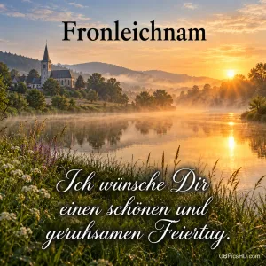 Sonnenaufgang über einem nebligen Fluss mit Dorfkirche auf dem Hügel und dem Gruß "Fronleichnam – Ich wünsche Dir einen schönen und geruhsamen Feiertag."