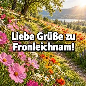 Bunte Blumenwiese mit rosa Cosmeen und einem Wanderweg oberhalb eines Sees im Sonnenlicht, darauf "Liebe Grüße zu Fronleichnam!"
