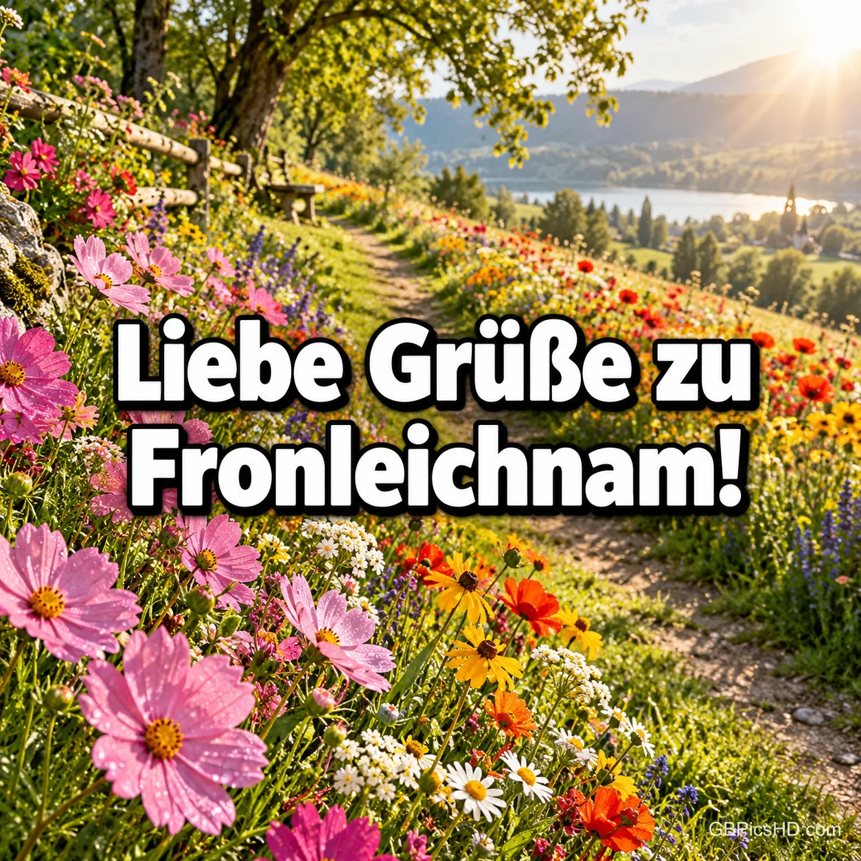 Bunte Blumenwiese mit rosa Cosmeen und einem Wanderweg oberhalb eines Sees im Sonnenlicht, darauf "Liebe Grüße zu Fronleichnam!" Bunte Blumenwiese mit rosa Cosmeen und einem Wanderweg oberhalb eines Sees im Sonnenlicht, darauf "Liebe Grüße zu Fronleichnam!"