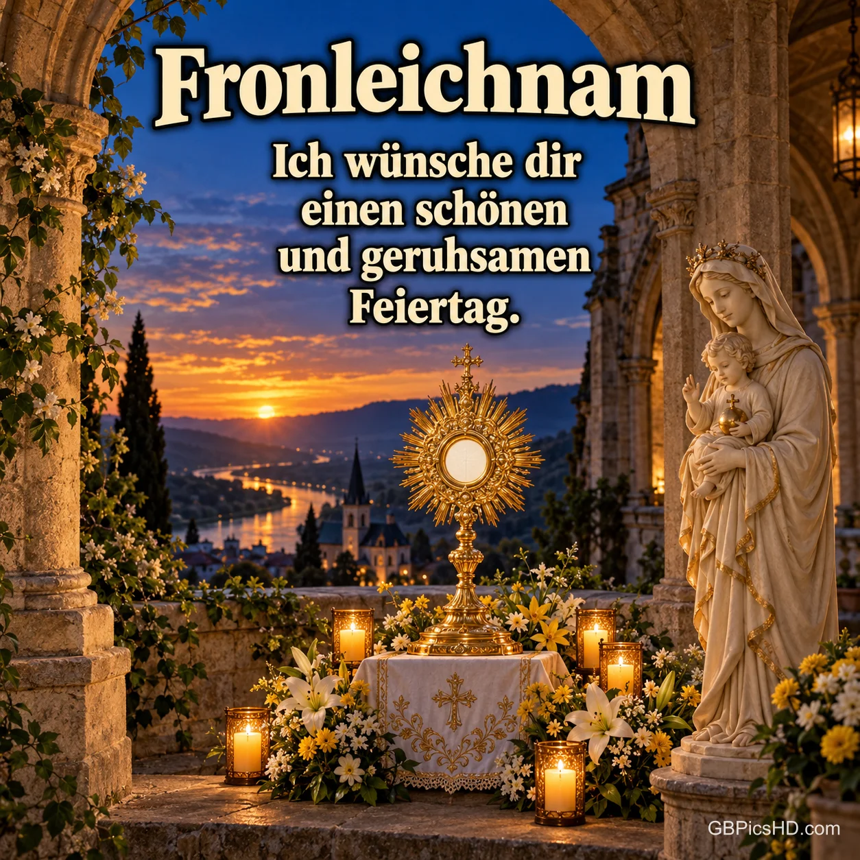 Monstranz auf einem geschmückten Außenaltar mit Kerzen, Lilien und Marienstatue vor einer Flusslandschaft im Abendrot, dazu "Fronleichnam – Ich wünsche dir einen schönen und geruhsamen Feiertag." Monstranz auf einem geschmückten Außenaltar mit Kerzen, Lilien und Marienstatue vor einer Flusslandschaft im Abendrot, dazu "Fronleichnam – Ich wünsche dir einen schönen und geruhsamen Feiertag."