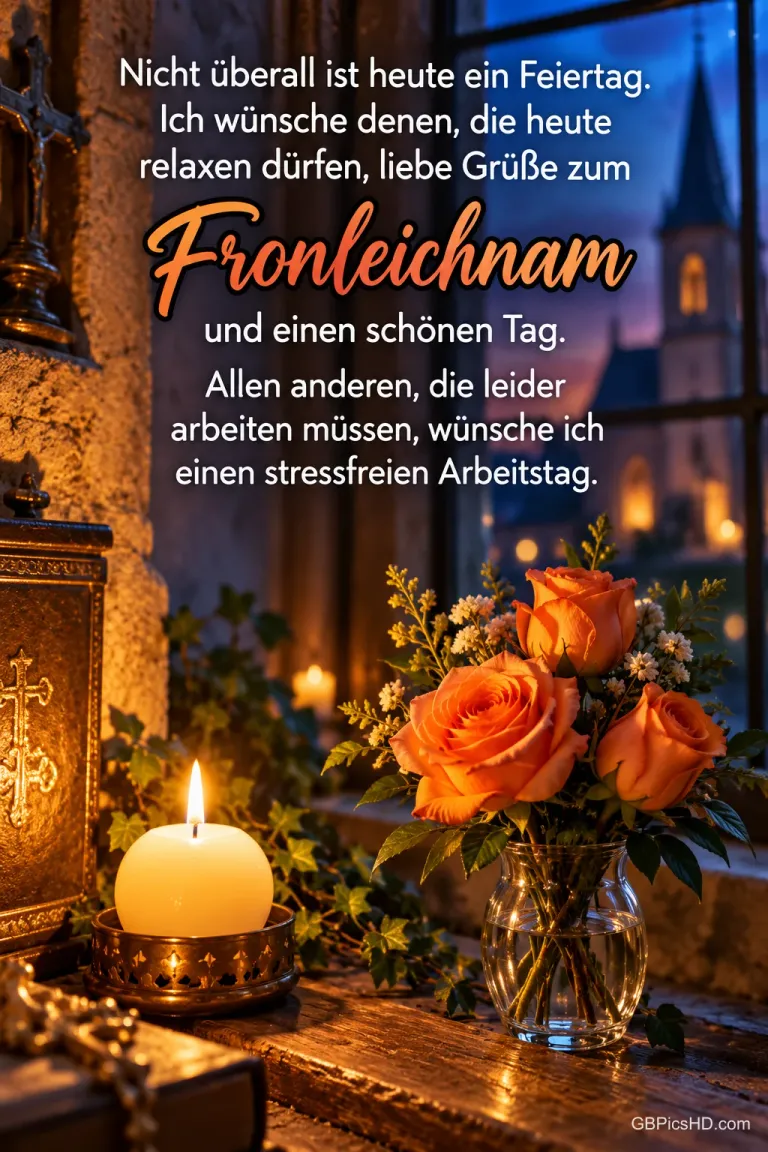 Orangefarbene Rosen in einer Glasvase und eine brennende Kerze auf einer Fensterbank mit Kirchenblick und dem Text "Nicht überall ist heute ein Feiertag … liebe Grüße zum Fronleichnam und einen schönen Tag."