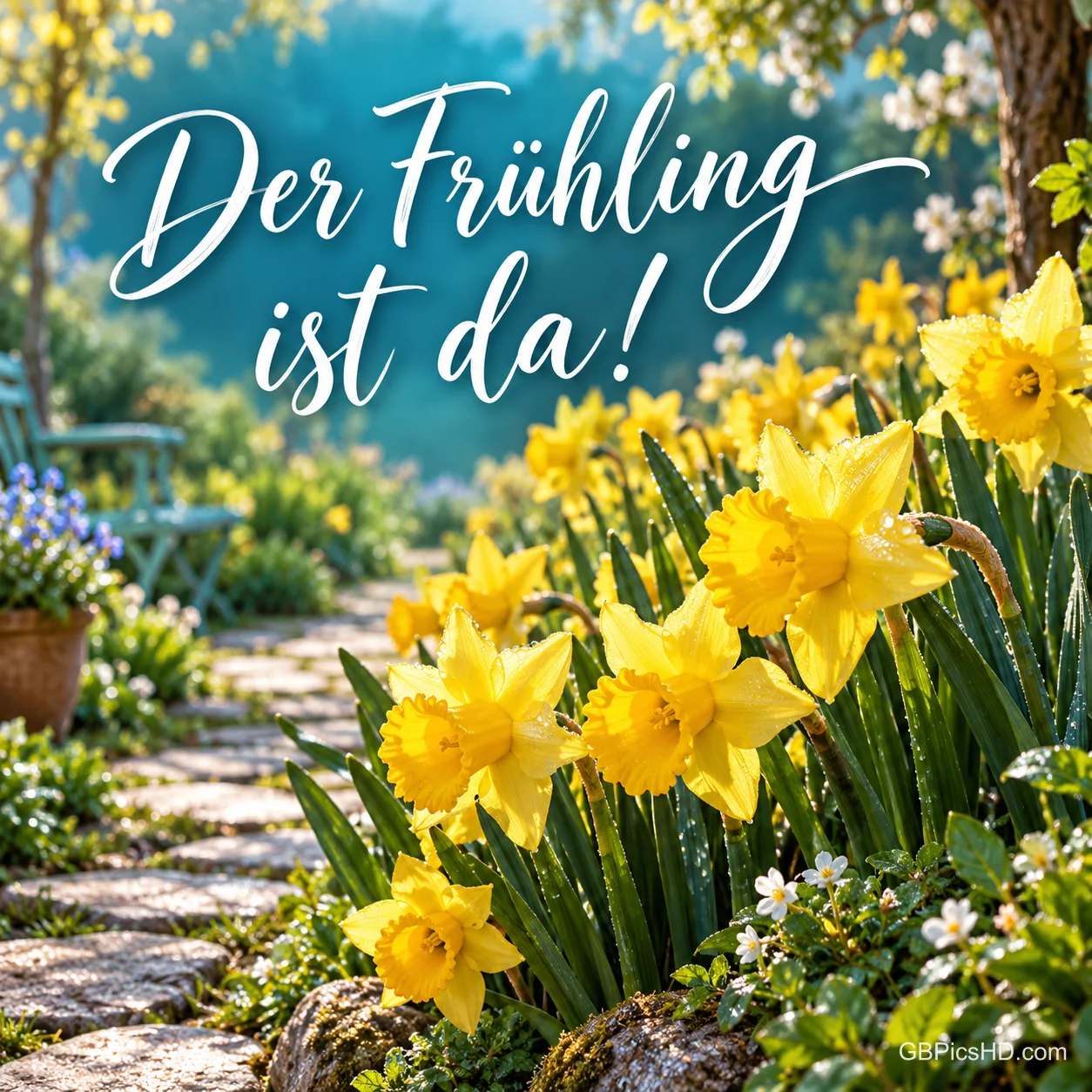 Leuchtend gelbe Narzissen an einem Gartenweg aus Steinplatten im Frühlingslicht, darüber in weißer Pinselschrift Der Frühling ist da! Leuchtend gelbe Narzissen an einem Gartenweg aus Steinplatten im Frühlingslicht, darüber in weißer Pinselschrift Der Frühling ist da!