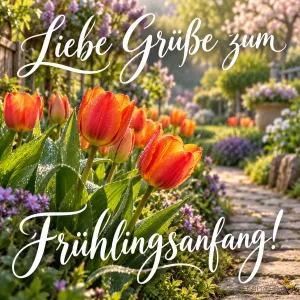Orange Tulpen mit Tautropfen an einem sonnigen Gartenweg, umrahmt von weißer Schreibschrift mit lieben Grüßen zum Frühlingsanfang.
