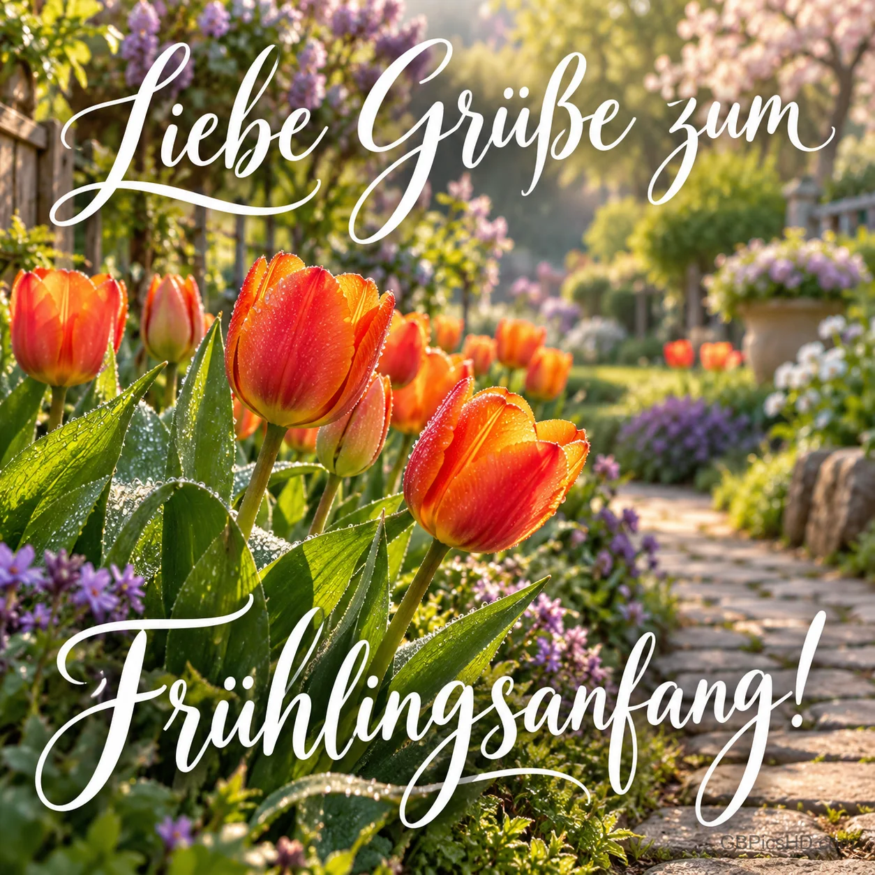Orange Tulpen mit Tautropfen an einem sonnigen Gartenweg, umrahmt von weißer Schreibschrift mit lieben Grüßen zum Frühlingsanfang. Orange Tulpen mit Tautropfen an einem sonnigen Gartenweg, umrahmt von weißer Schreibschrift mit lieben Grüßen zum Frühlingsanfang.