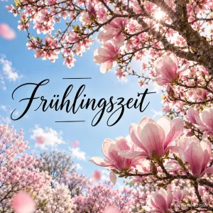 Rosa Magnolienblüten und blühende Zweige vor blauem Himmel mit Wolken, in der Mitte in schwarzer Schreibschrift das Wort Frühlingszeit.