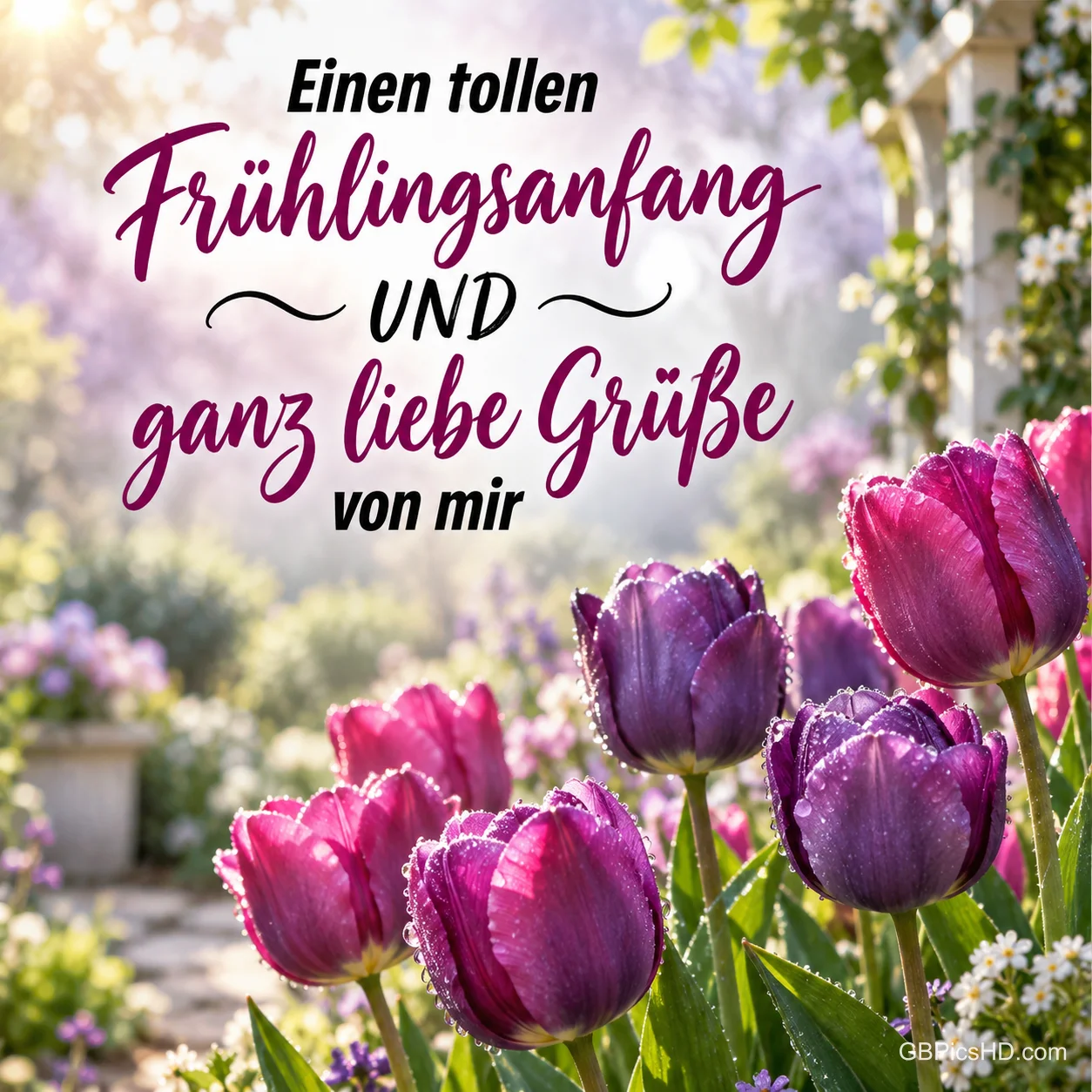 Lila und pinke Tulpen mit Tautropfen in einem sonnigen Garten, darüber Wünsche für einen tollen Frühlingsanfang und ganz liebe Grüße. Lila und pinke Tulpen mit Tautropfen in einem sonnigen Garten, darüber Wünsche für einen tollen Frühlingsanfang und ganz liebe Grüße.