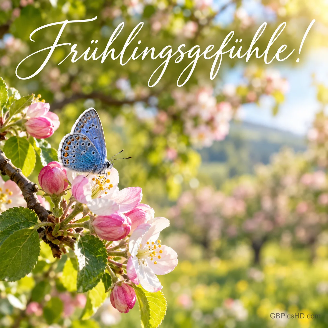 Blauer Schmetterling auf rosa Apfelblüten an einem Zweig vor einem sonnigen Obstgarten, oben in geschwungener Schrift Frühlingsgefühle! Blauer Schmetterling auf rosa Apfelblüten an einem Zweig vor einem sonnigen Obstgarten, oben in geschwungener Schrift Frühlingsgefühle!