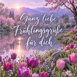 Ruhiger See im Abendlicht mit blühenden Bäumen und lila Tulpen am Ufer, darüber in weißer Schreibschrift ganz liebe Frühlingsgrüße für dich.