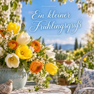 Blauer Keramiktopf mit gelben und orangen Ranunkeln und Tulpen auf einem Gartentisch im Sonnenschein, oben in weißer Schrift ein kleiner Frühlingsgruß.