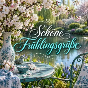 Gartentisch mit blau gemusterter Vase und Kirschblütenzweigen vor einem See mit Holzbrücke, in der Mitte in türkiser Schrift schöne Frühlingsgrüße.