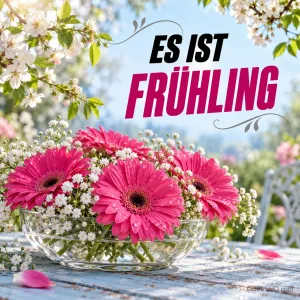 Glasschale mit pinken Gerbera und Schleierkraut auf einem Holztisch unter blühenden Zweigen, darüber in kräftigen Großbuchstaben der Schriftzug Es ist Frühling.