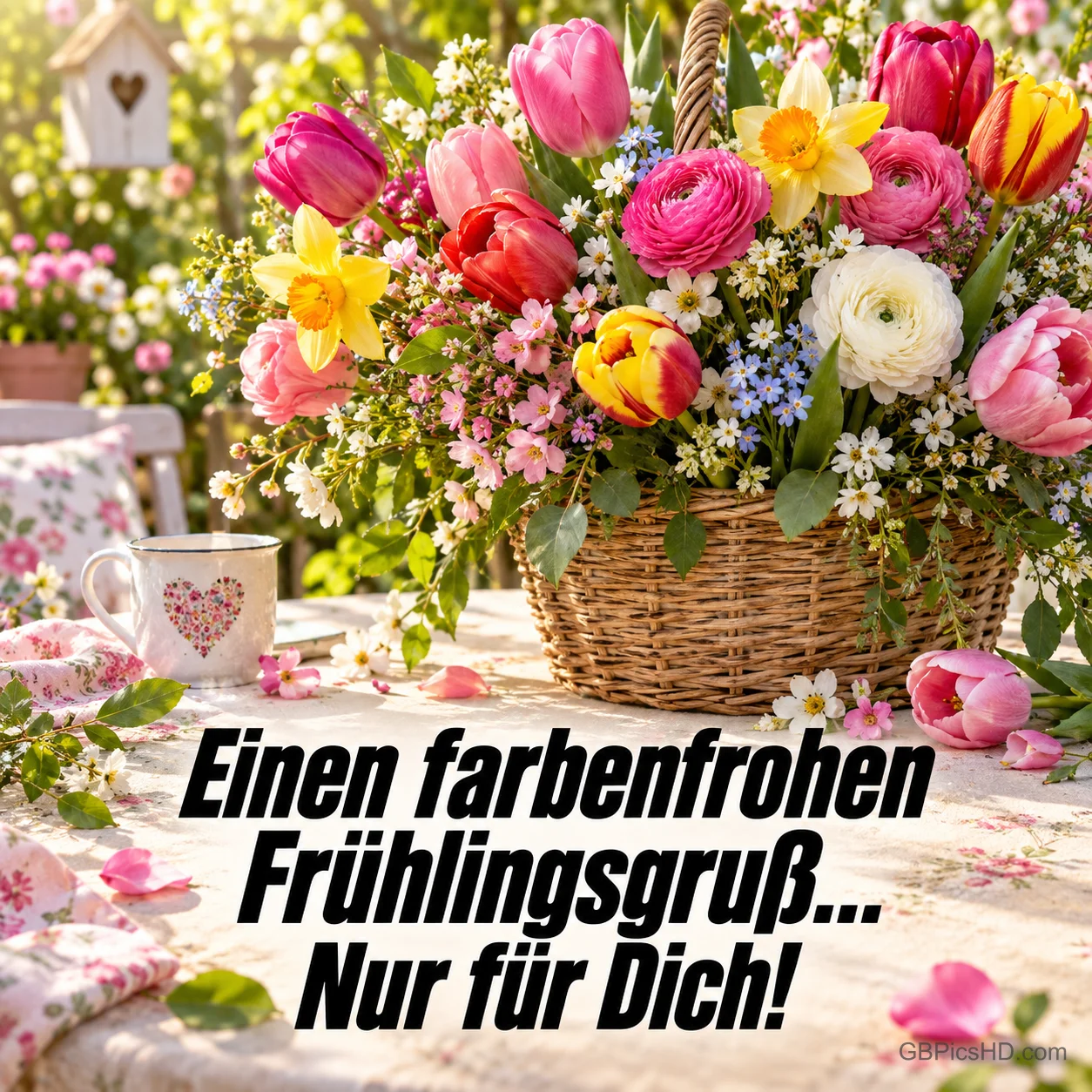 Weidenkorb voller Tulpen, Ranunkeln und Narzissen auf einem gedeckten Gartentisch mit Tasse und Blütenblättern, dazu ein farbenfroher Frühlingsgruß nur für dich. Weidenkorb voller Tulpen, Ranunkeln und Narzissen auf einem gedeckten Gartentisch mit Tasse und Blütenblättern, dazu ein farbenfroher Frühlingsgruß nur für dich.