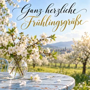 Glasvase mit weißen Blütenzweigen auf einem Tisch vor einem blühenden Obstgarten unter blauem Himmel, oben in eleganter Schrift ganz herzliche Frühlingsgrüße.