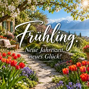 Blühender Gartenweg mit roten Tulpen, Apfelblüten, Landhaus und Bergsee im Hintergrund, dazu der Spruch "Frühling. Neue Jahreszeit, neues Glück!"