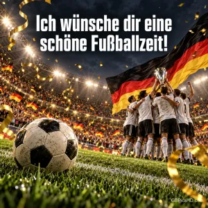 Fußball auf dem Rasen eines vollen Stadions, im Hintergrund jubelnde Spieler mit Pokal, Deutschlandfahne und goldene Luftschlangen, dazu "Ich wünsche dir eine schöne Fußballzeit!"
