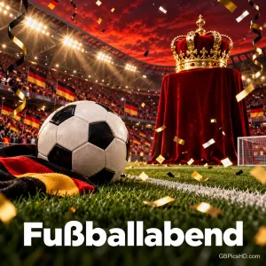 Fußball auf dem Rasen neben einer goldenen Krone auf rotem Samt im Flutlichtstadion mit Konfetti und dem Schriftzug "Fußballabend"
