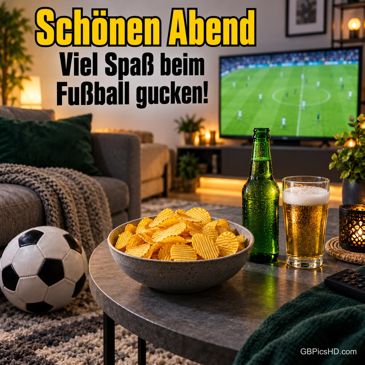 Gemütliches Wohnzimmer mit Fußballspiel im Fernseher, Chips, Bier und Fußball auf dem Couchtisch, dazu "Schönen Abend – Viel Spaß beim Fußball gucken!" Gemütliches Wohnzimmer mit Fußballspiel im Fernseher, Chips, Bier und Fußball auf dem Couchtisch, dazu "Schönen Abend – Viel Spaß beim Fußball gucken!"