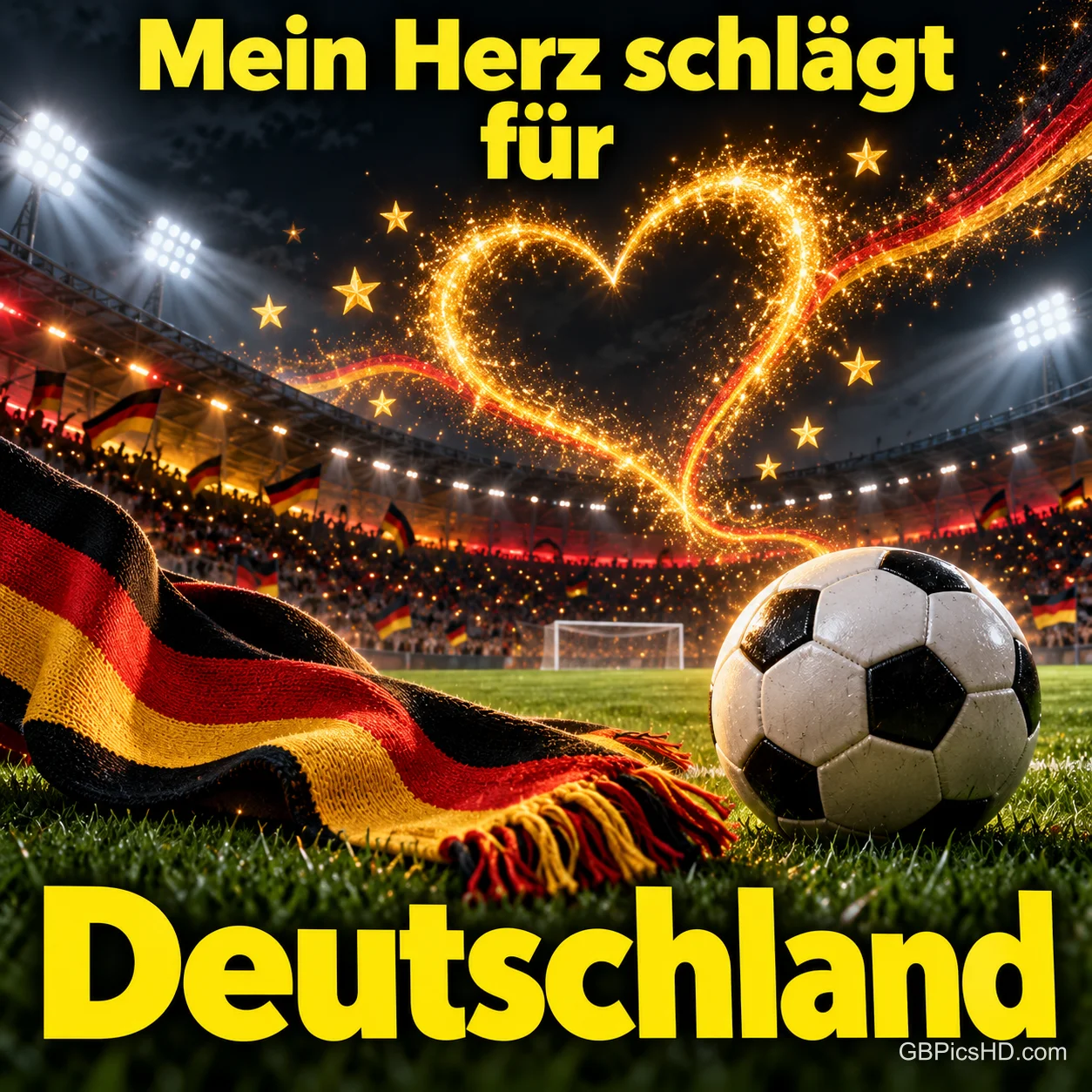 Leuchtendes Herz aus Funken über einem Stadion, davor Fußball und Fanschal in Schwarz-Rot-Gold mit dem Schriftzug "Mein Herz schlägt für Deutschland" Leuchtendes Herz aus Funken über einem Stadion, davor Fußball und Fanschal in Schwarz-Rot-Gold mit dem Schriftzug "Mein Herz schlägt für Deutschland"