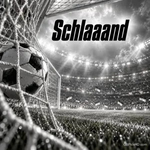Schwarz-weißes Bild eines Fußballs im Tornetz vor einem Flutlichtstadion mit dem Fanruf "Schlaaand"