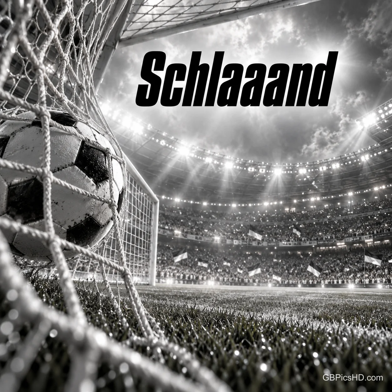 Schwarz-weißes Bild eines Fußballs im Tornetz vor einem Flutlichtstadion mit dem Fanruf "Schlaaand" Schwarz-weißes Bild eines Fußballs im Tornetz vor einem Flutlichtstadion mit dem Fanruf "Schlaaand"